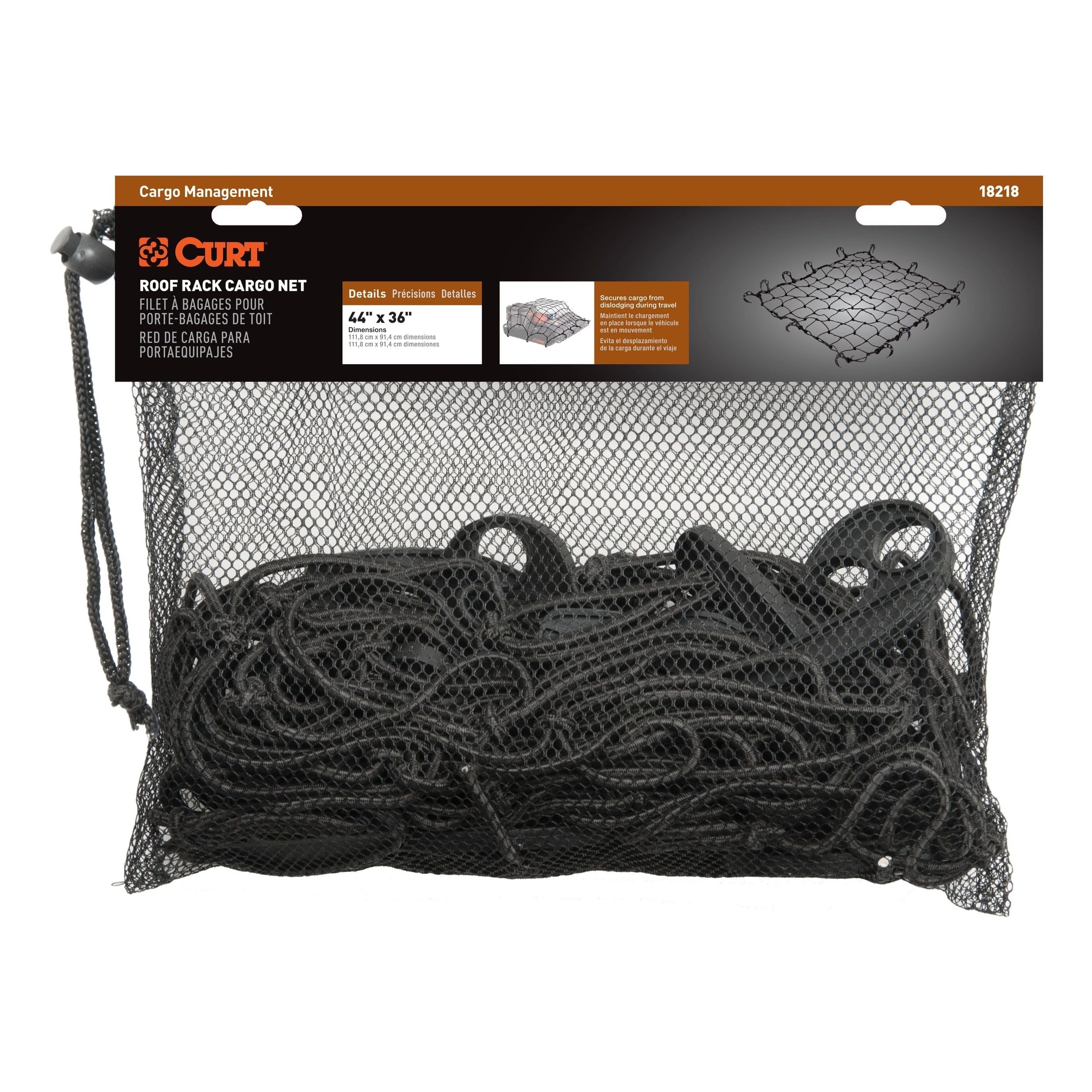 CURT 18218 Elastic Cargo Net with Hooks for Roof Basket, 44 x 36-in
