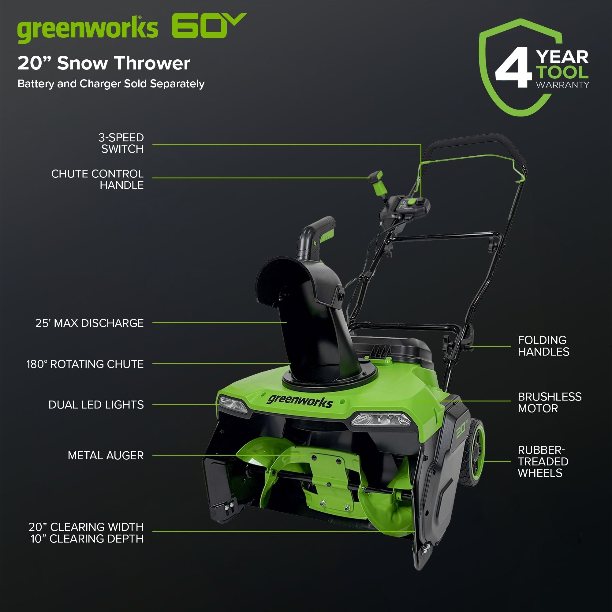 Greenworks 60V Single-Stage Snow Thrower, 20-in (Tool Only)