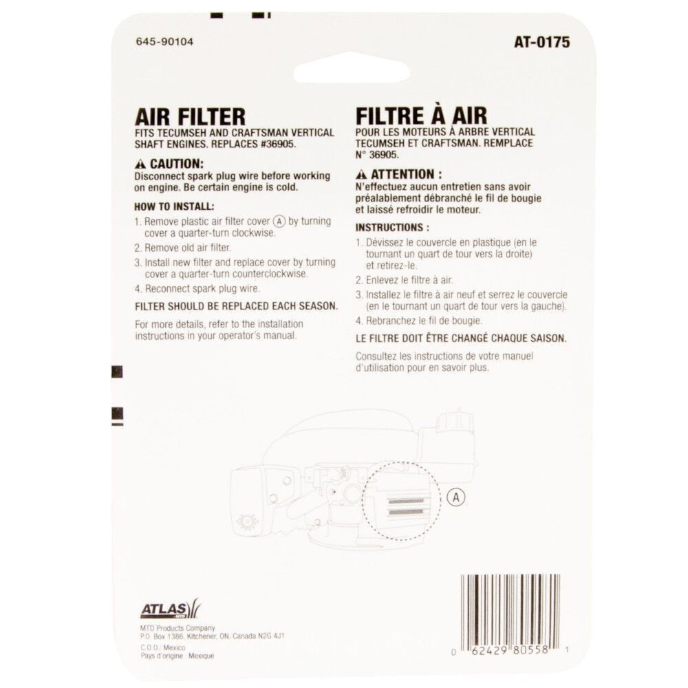 Atlas Lawn Mower Air Filter Replacement Cartridge for Tecumseh, Craftsman