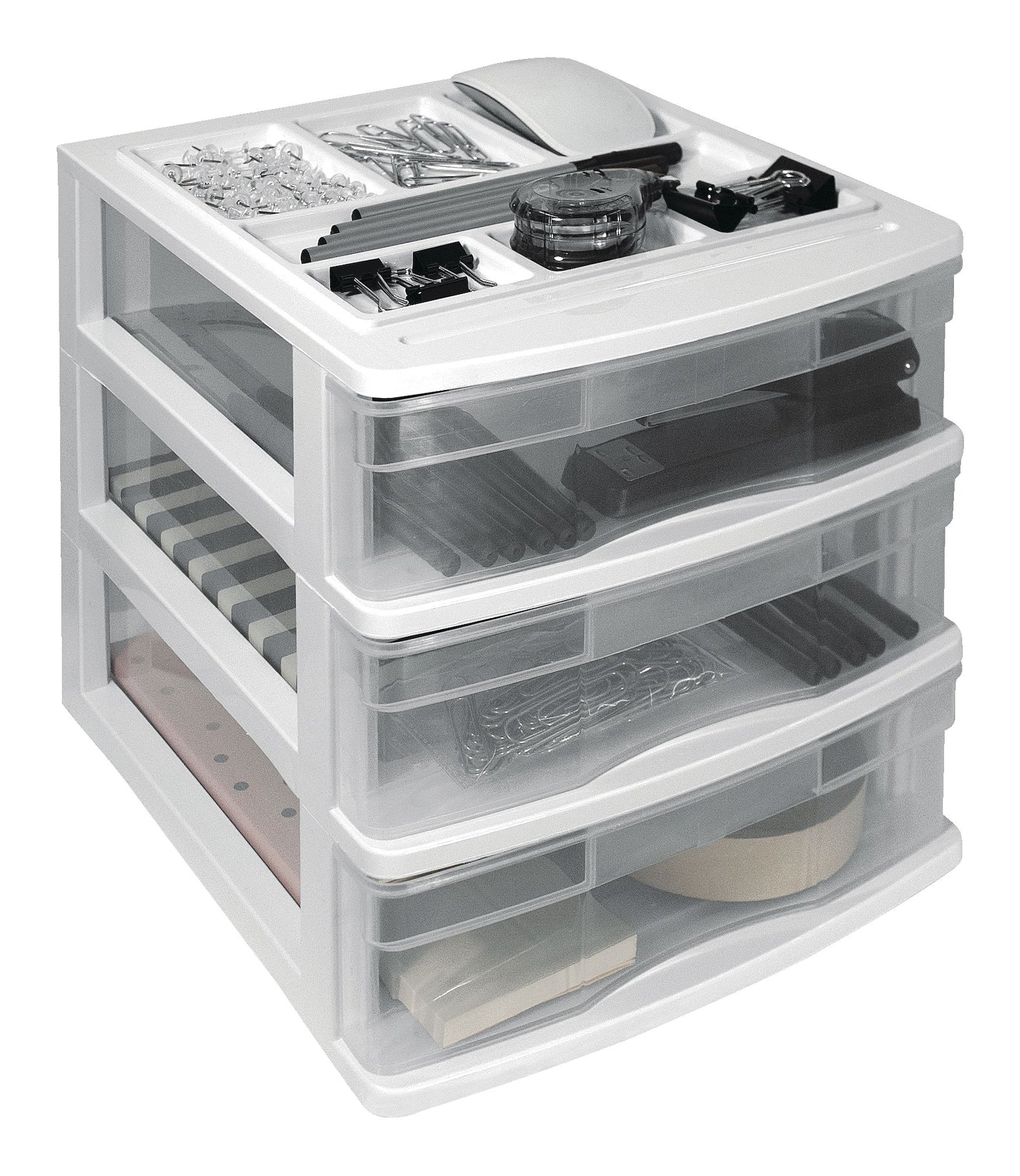 type A Desk Clear White Frame 3-Drawer Storage Tower, 10-in