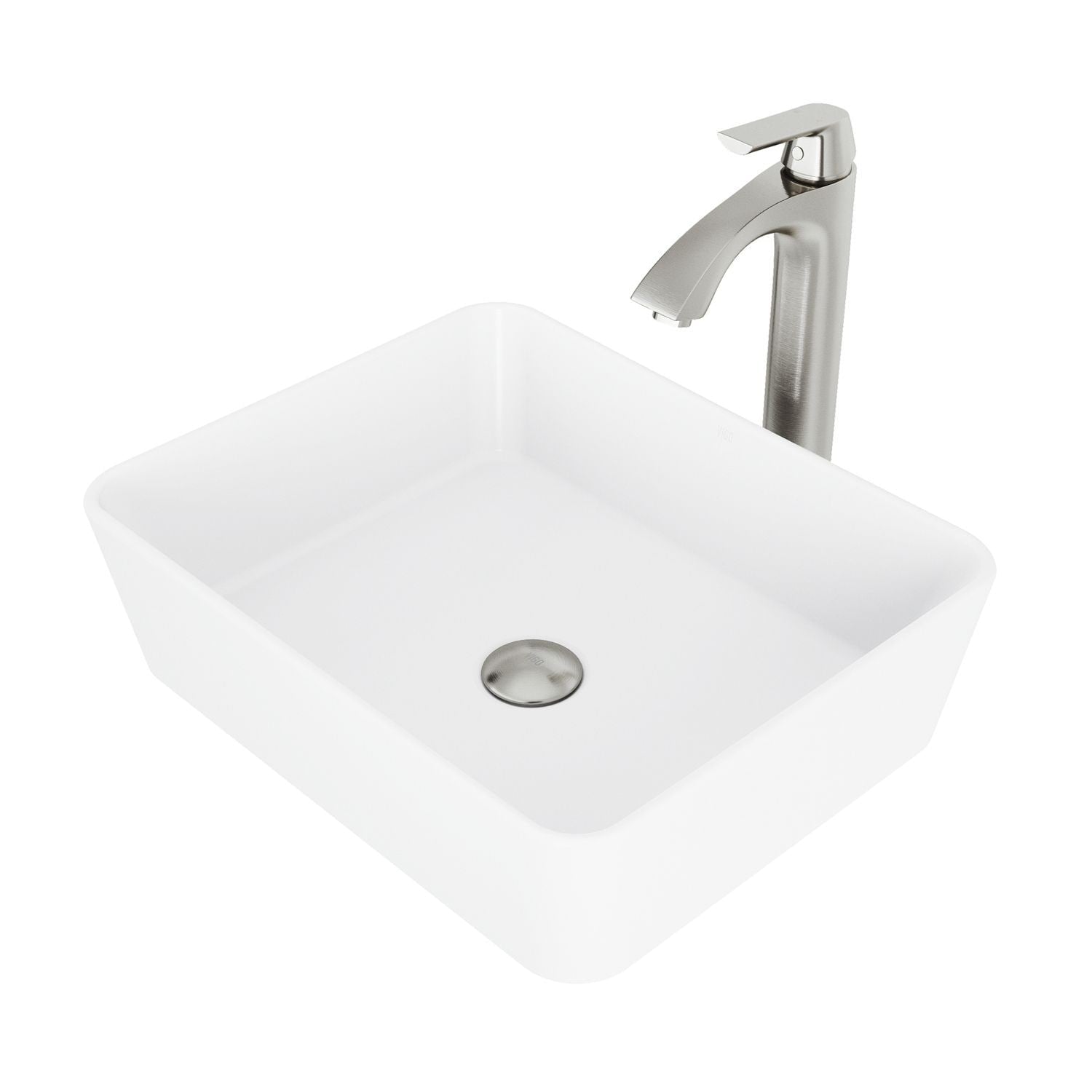 VIGO Marigold MatteStone White Bathroom Sink/Basin Set with Linus Faucet and Rectangular Composite Vessel