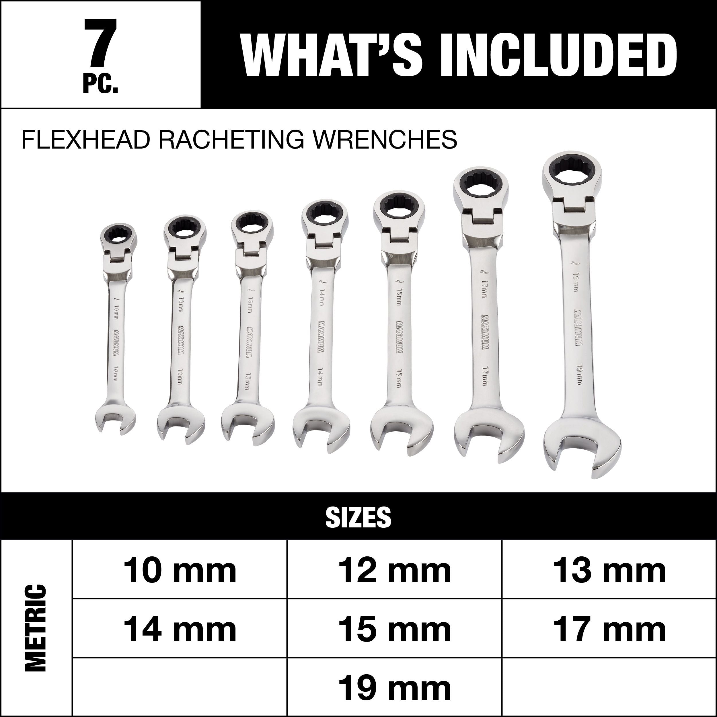 MAXIMUM Flexhead Ratcheting Wrench Set, Alloy Steel, Metric, 7-pc