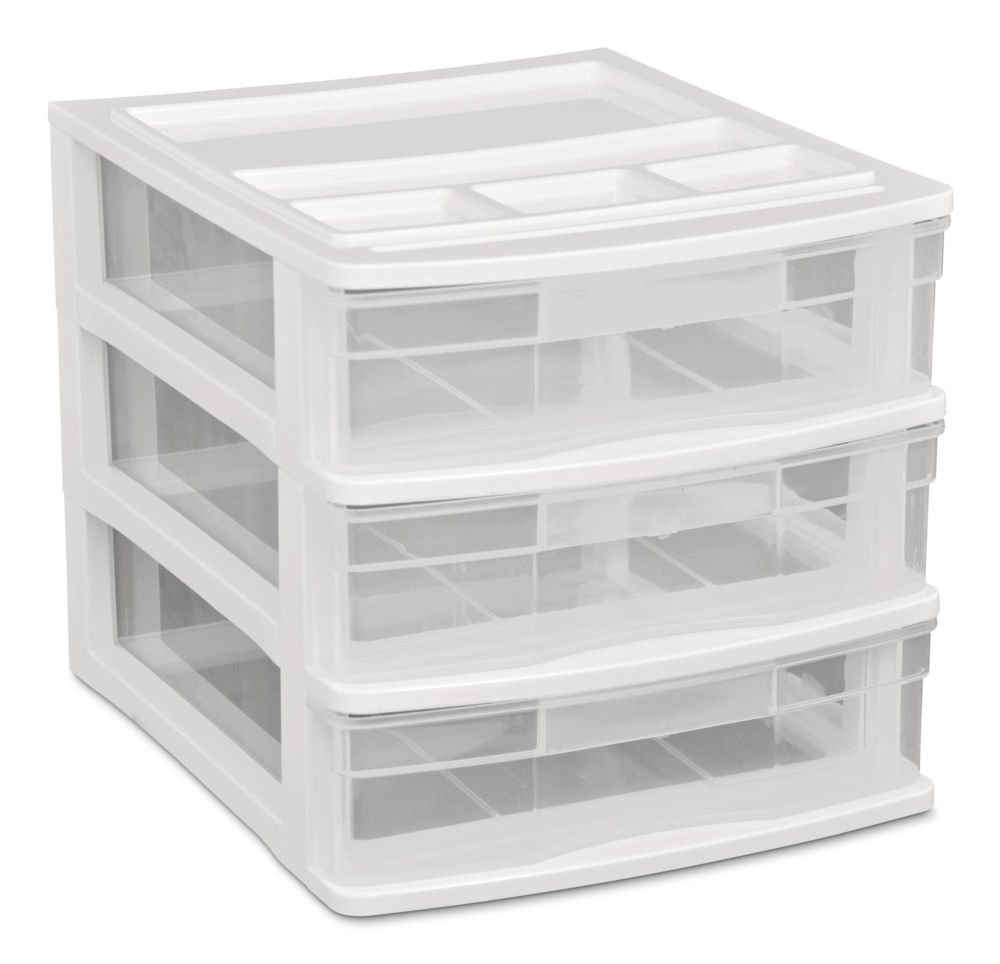 type A Desk Clear White Frame 3-Drawer Storage Tower, 10-in