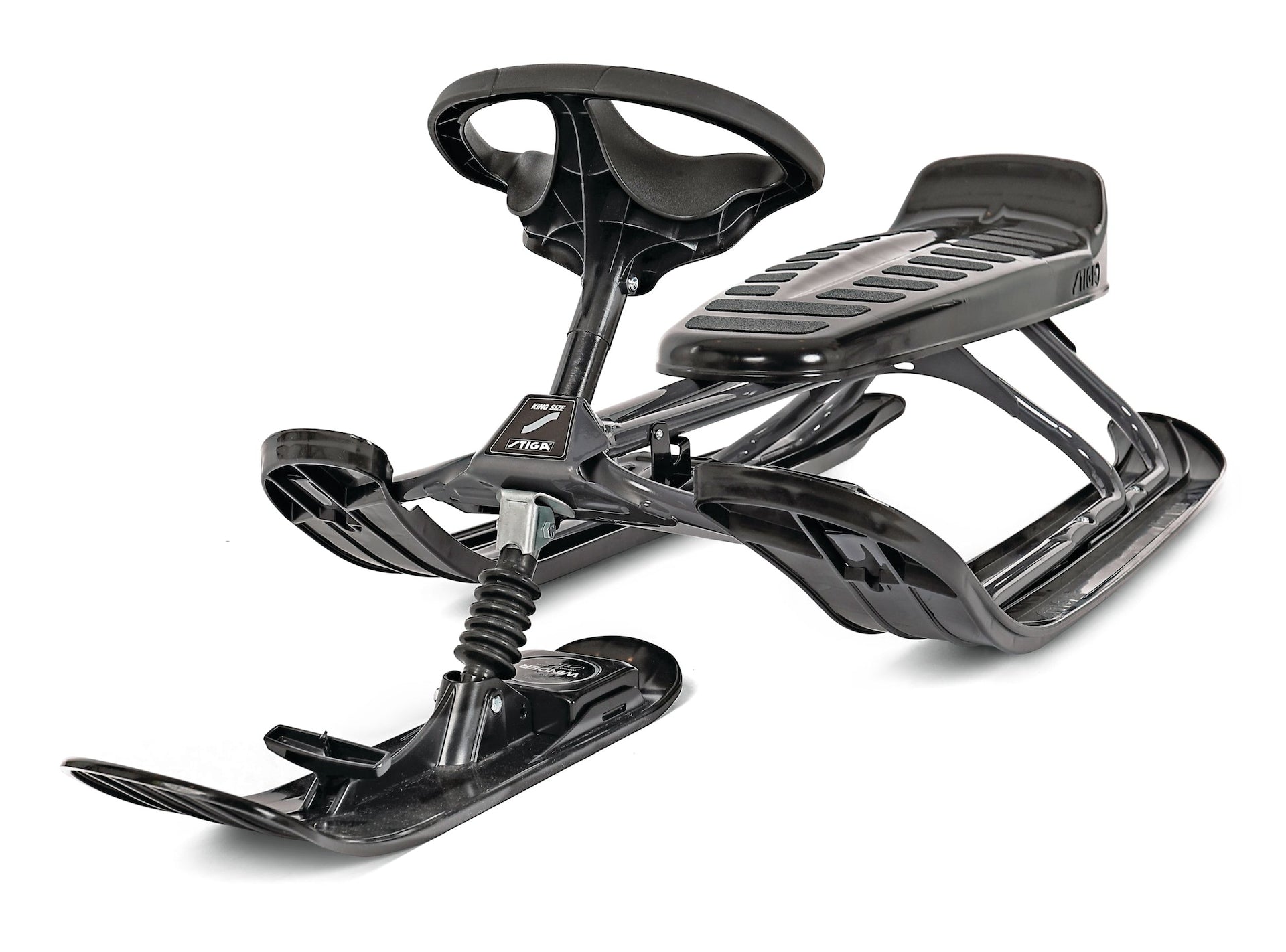 Stiga GT King Size Kids' 2-Person Winter Snow Racer Sled with Steering Wheel & Brakes, Grey
